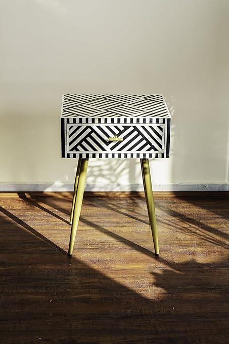 HummingCrafts Bone Inlay Bedside Table | Natural Materials | Floral Inlay Design | Compact Storage Solution | Functional Accent Furniture | Sturdy Wooden Frame | Stylish and Timeless Finish