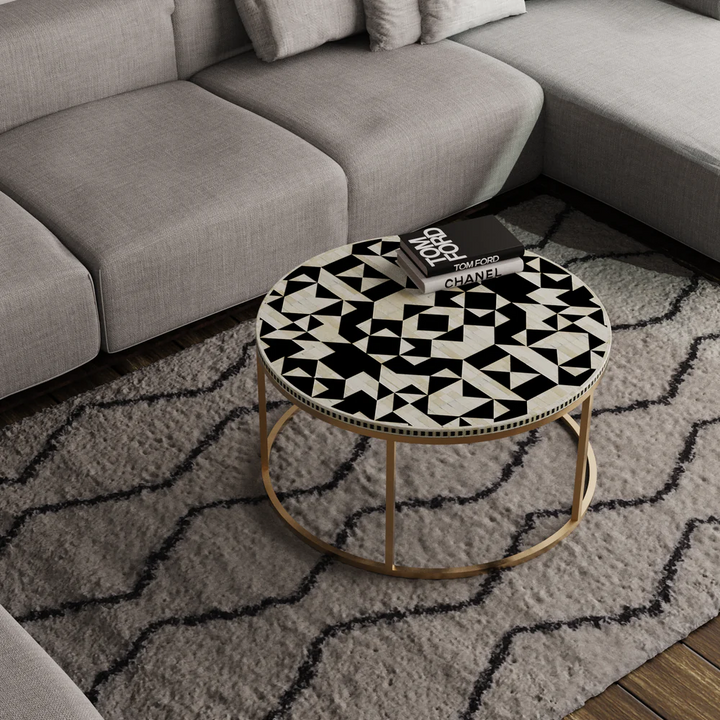 New handmade bone onlay coffee table, black & white bone inlay table, bone inlay furniture items, Inlay Georgia Round Coffee Table with Metal Stand - Kingsley