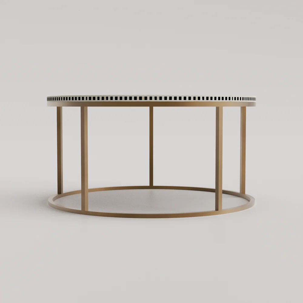 New handmade bone onlay coffee table, black & white bone inlay table, bone inlay furniture items, Inlay Georgia Round Coffee Table with Metal Stand - Kingsley