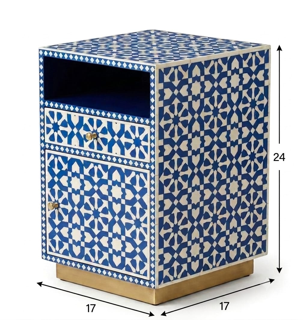 Bone Inlay Moroccan Pattern Blue & White 1 Drawer 1 Door 1 Shelf Side Table