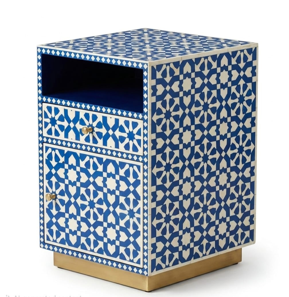 Bone Inlay Moroccan Pattern Blue & White 1 Drawer 1 Door 1 Shelf Side Table