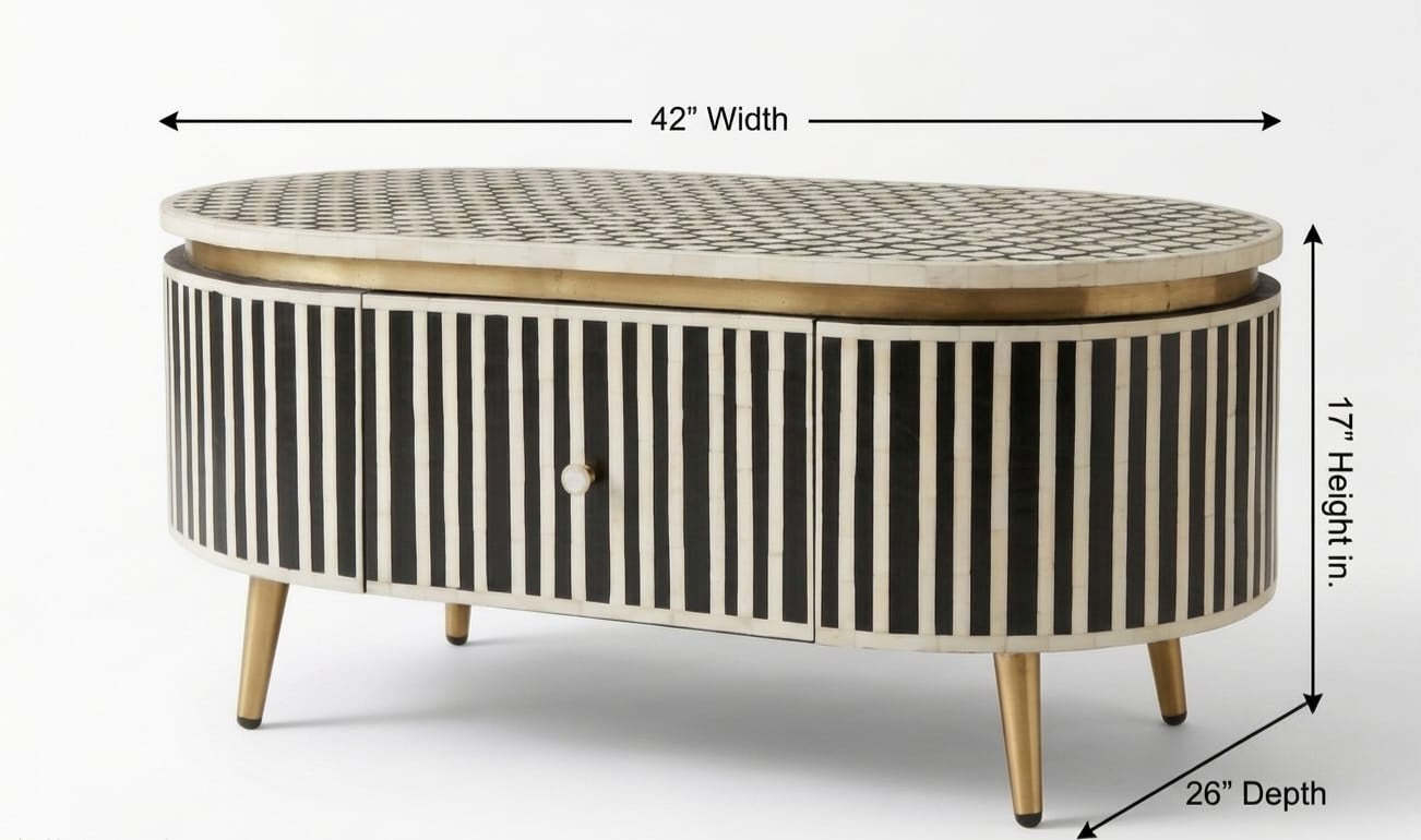 Bone Inlay Black & White Oval 2-Drawer Coffee Table