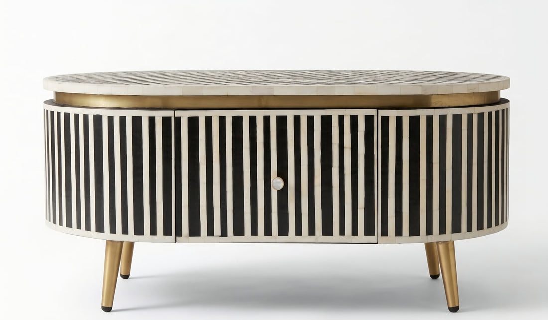 Bone Inlay Black & White Oval 2-Drawer Coffee Table