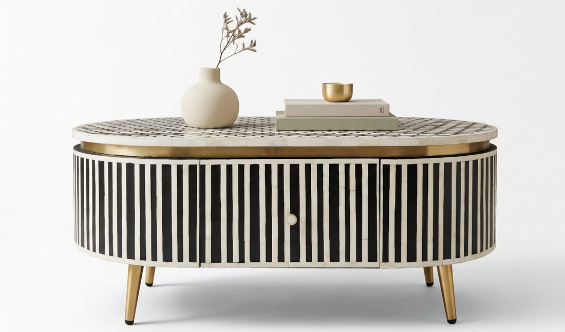 Bone Inlay Black & White Oval 2-Drawer Coffee Table
