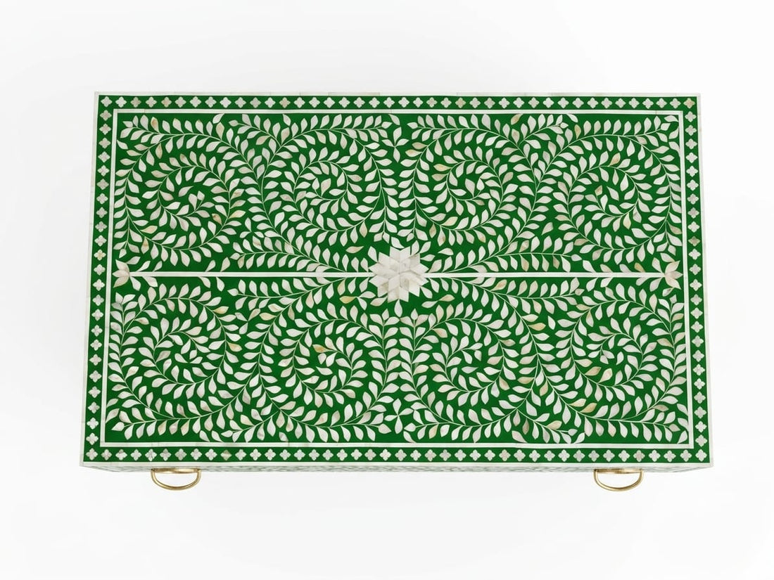 Mother of Pearl Inlay Green & White 1-Drawer Coffee Table with Brass Legs