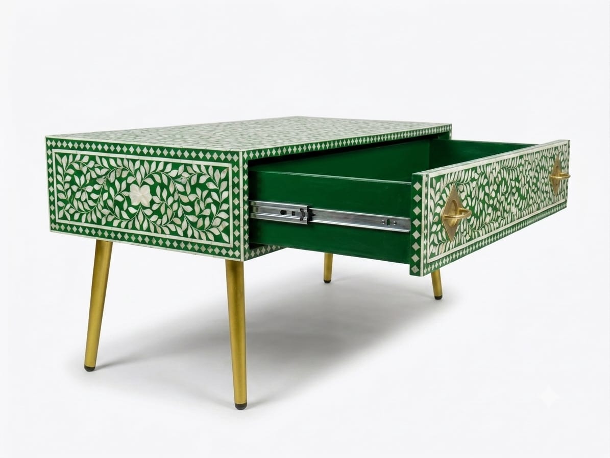 Mother of Pearl Inlay Green & White 1-Drawer Coffee Table with Brass Legs