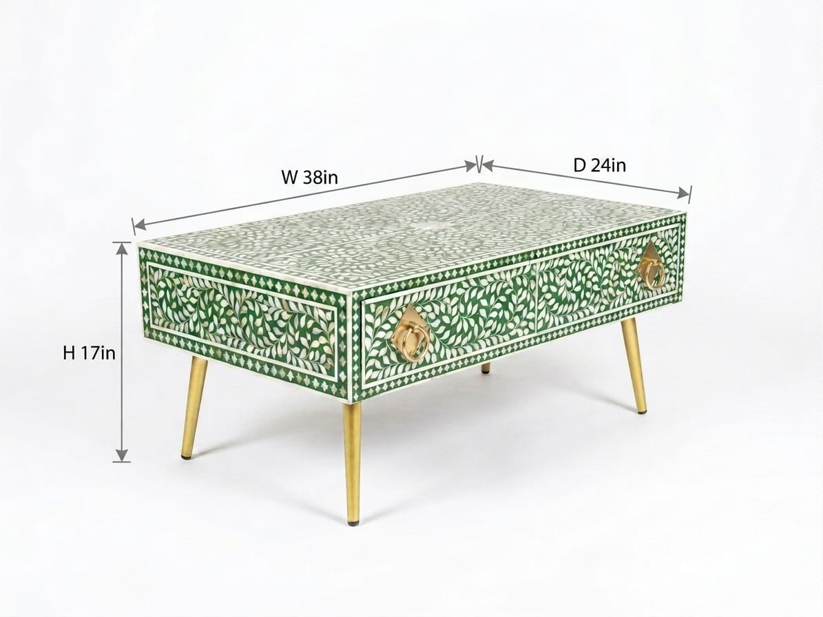Mother of Pearl Inlay Green & White 1-Drawer Coffee Table with Brass Legs