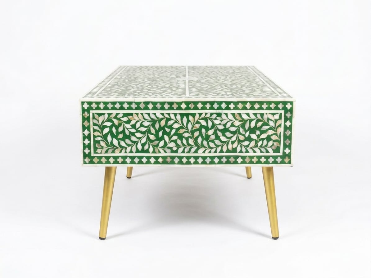 Mother of Pearl Inlay Green & White 1-Drawer Coffee Table with Brass Legs