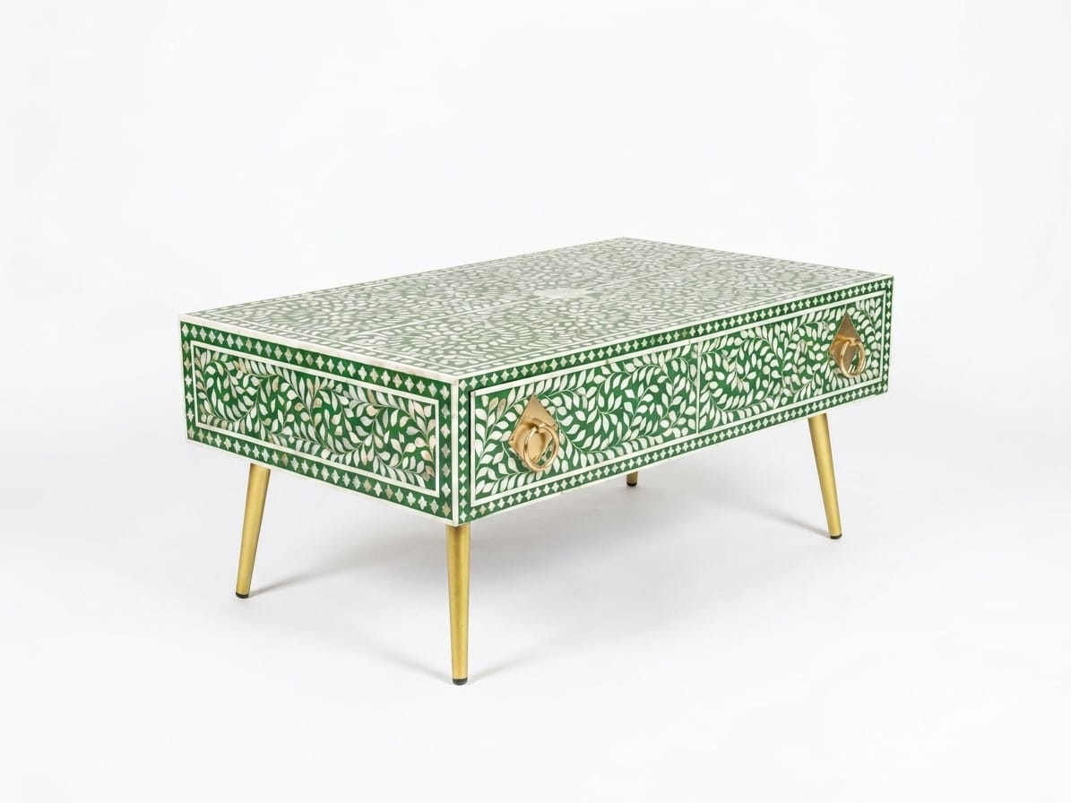 Mother of Pearl Inlay Green & White 1-Drawer Coffee Table with Brass Legs