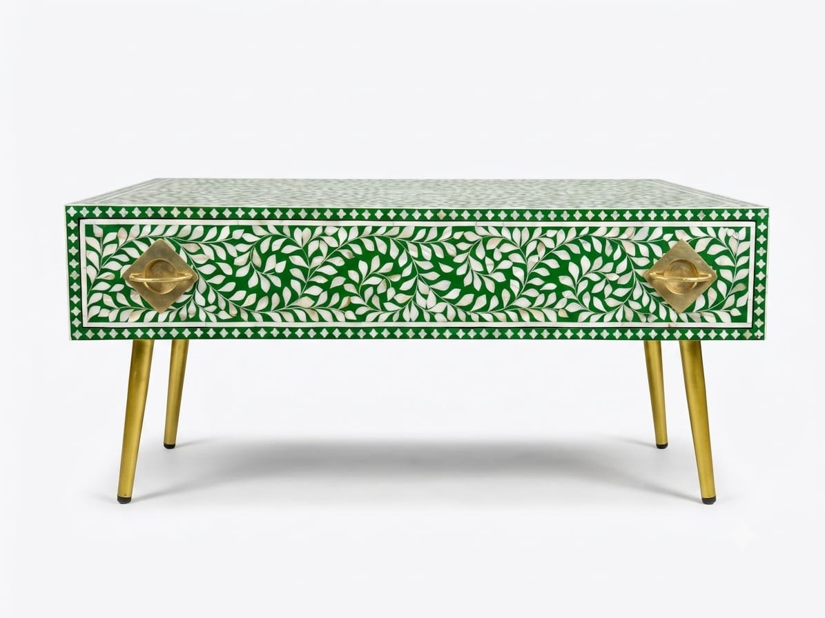 Mother of Pearl Inlay Green & White 1-Drawer Coffee Table with Brass Legs