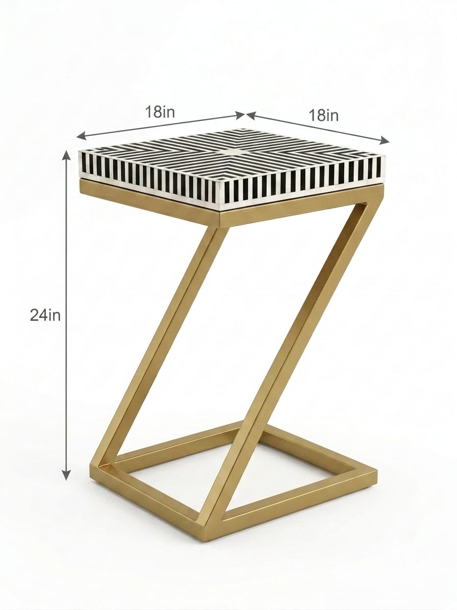 Bone Inlay Black & White Z Side Table with Gold Powder-Coated Stand