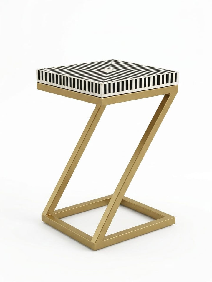 Bone Inlay Black & White Z Side Table with Gold Powder-Coated Stand
