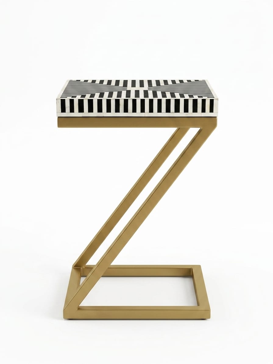 Bone Inlay Black & White Z Side Table with Gold Powder-Coated Stand