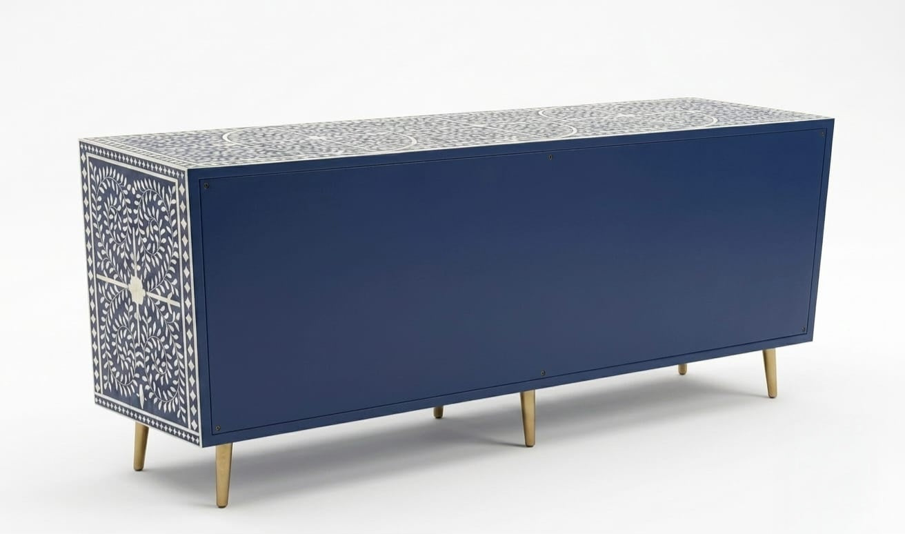 Bone Inlay Blue & White Floral 4-Door TV Unit Media Cabinet