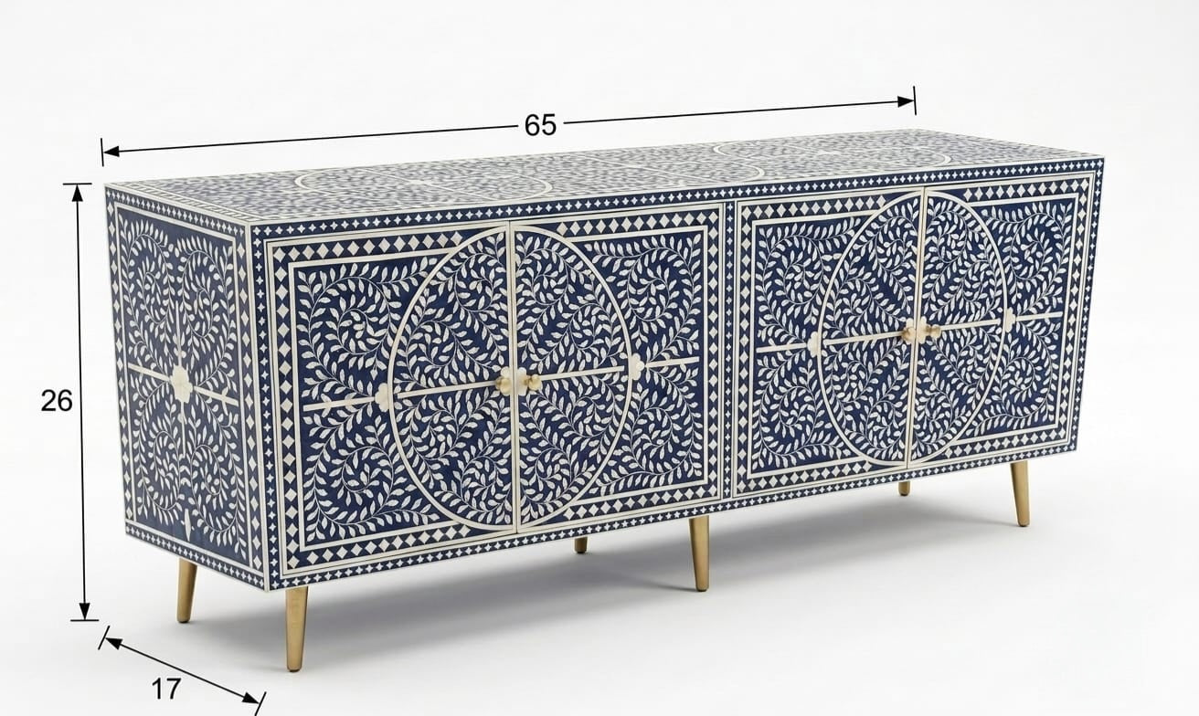 Bone Inlay Blue & White Floral 4-Door TV Unit Media Cabinet