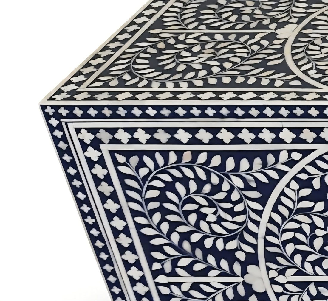 Bone Inlay Blue & White Floral 4-Door TV Unit Media Cabinet