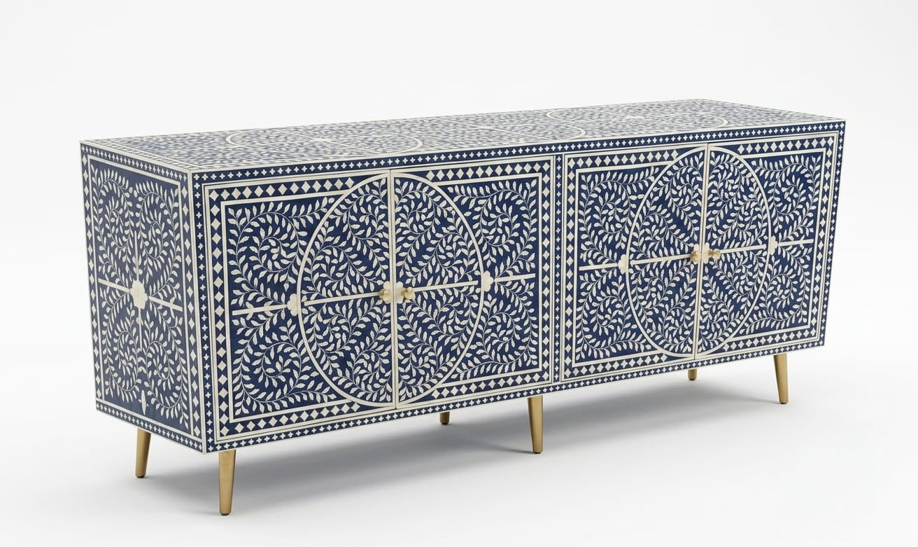 Bone Inlay Blue & White Floral 4-Door TV Unit Media Cabinet