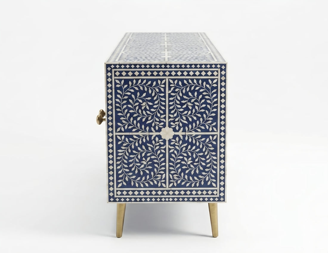 Bone Inlay Blue & White Floral 4-Door TV Unit Media Cabinet