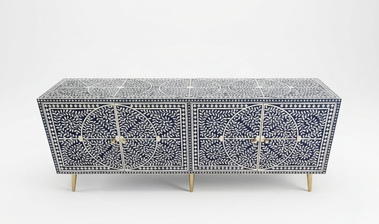Bone Inlay Blue & White Floral 4-Door TV Unit Media Cabinet