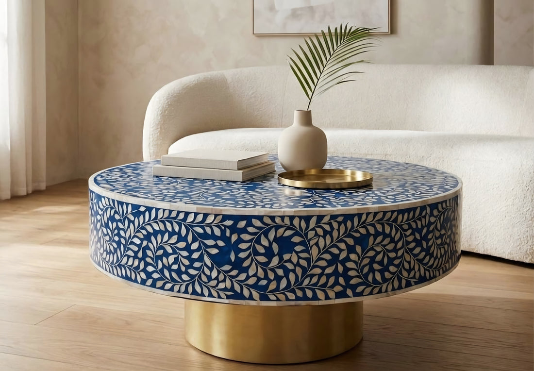 White Mother of Pearl Inlay Round Coffee Table – Floral Design with Brass Base