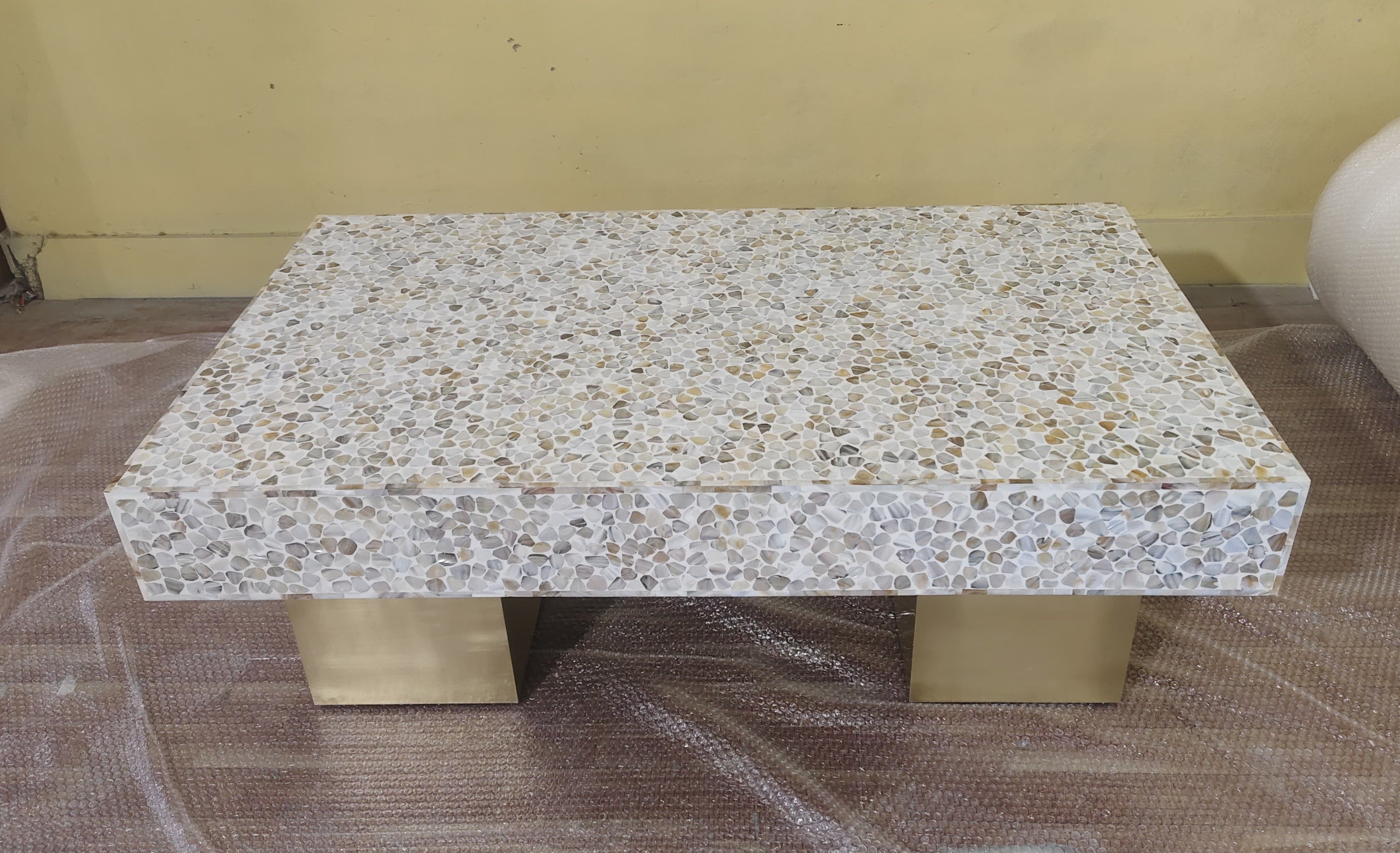 Mother of Pearl Inlay Rectangular Coffee Table with Brass Legs