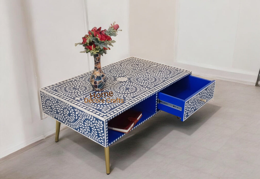New Indian handmade bone inlay 1 drawer coffee table  bone inlay furniture table