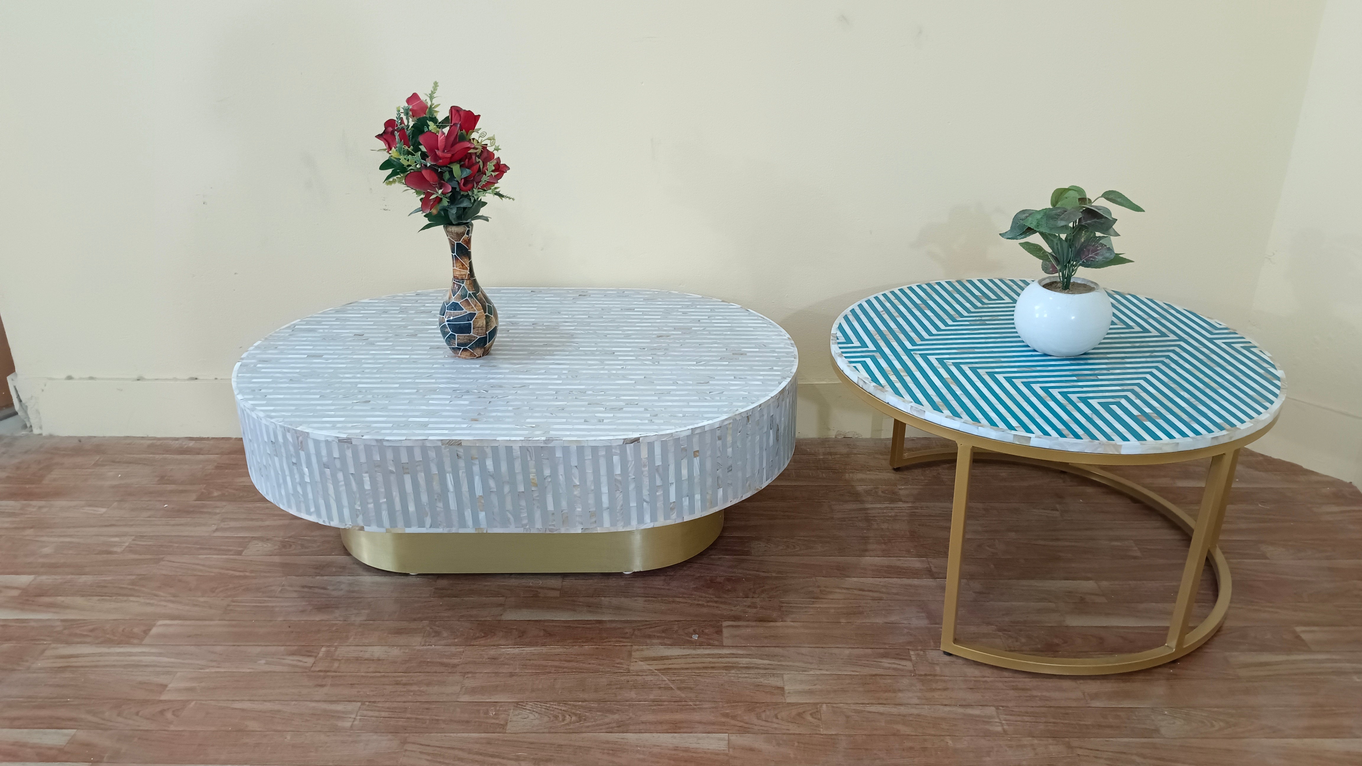 handmade mother of pearl inlay coffee table, mop table, bone inlay furniture, set of 2 ,