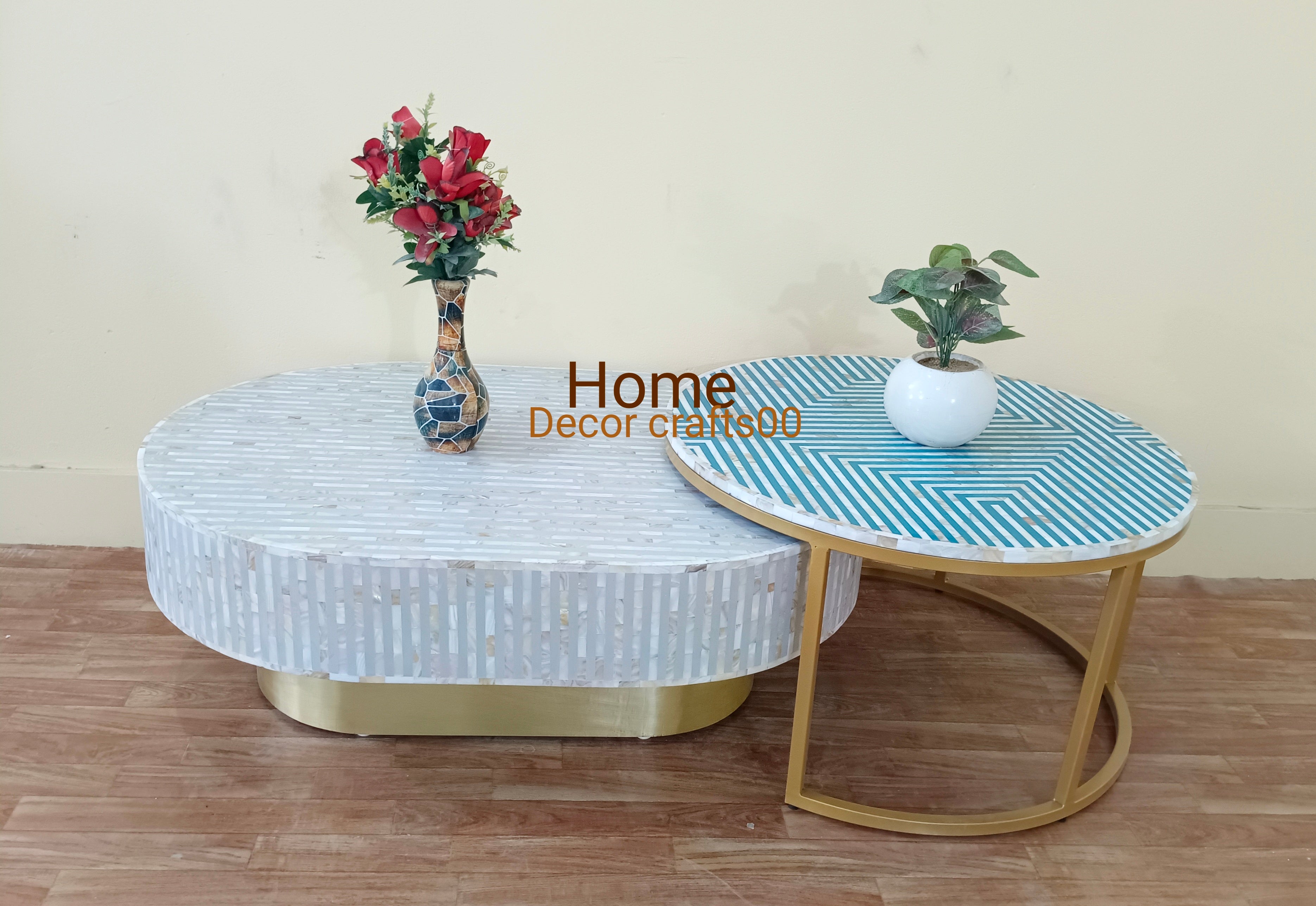 handmade mother of pearl inlay coffee table, mop table, bone inlay furniture, set of 2 ,