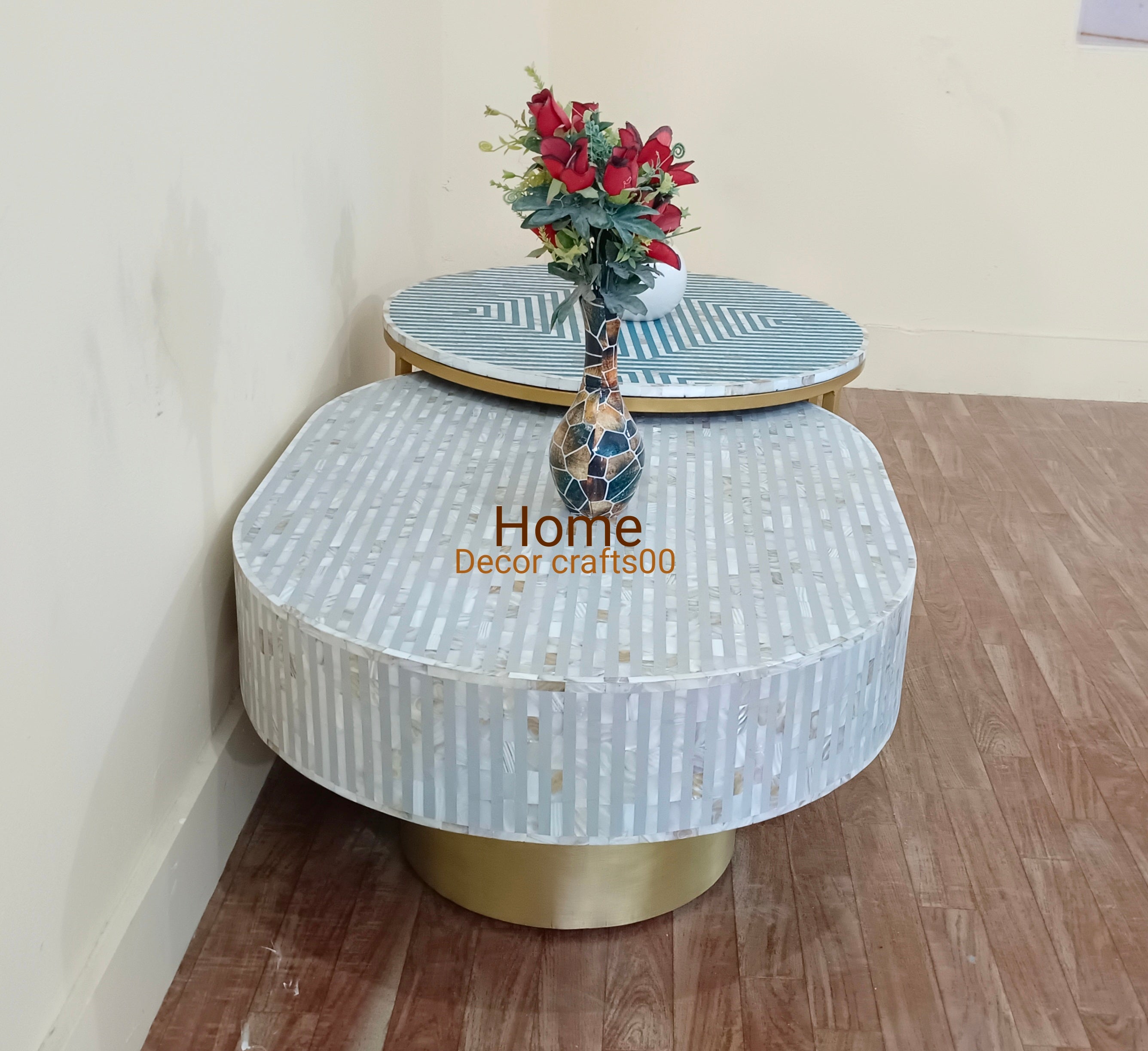 handmade mother of pearl inlay coffee table, mop table, bone inlay furniture, set of 2 ,