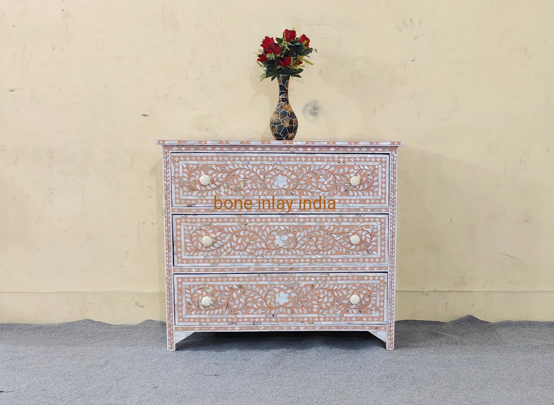 handmade mother of pearl inlay 3 drawer cabinet chest, mop inlay buffet