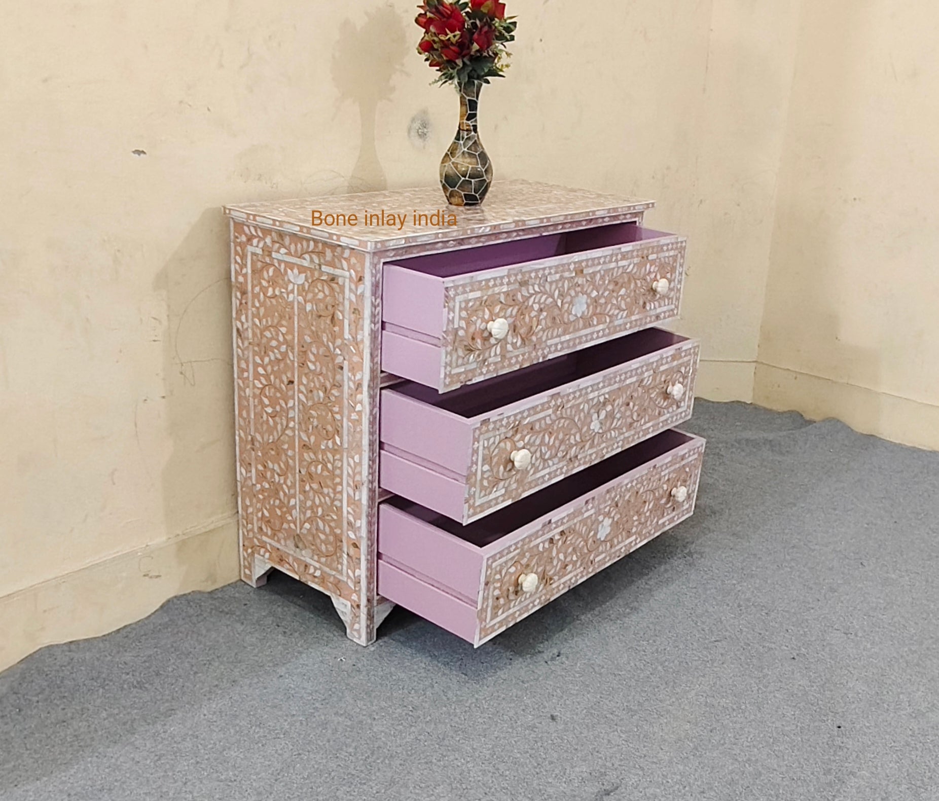 handmade mother of pearl inlay 3 drawer cabinet chest, mop inlay buffet