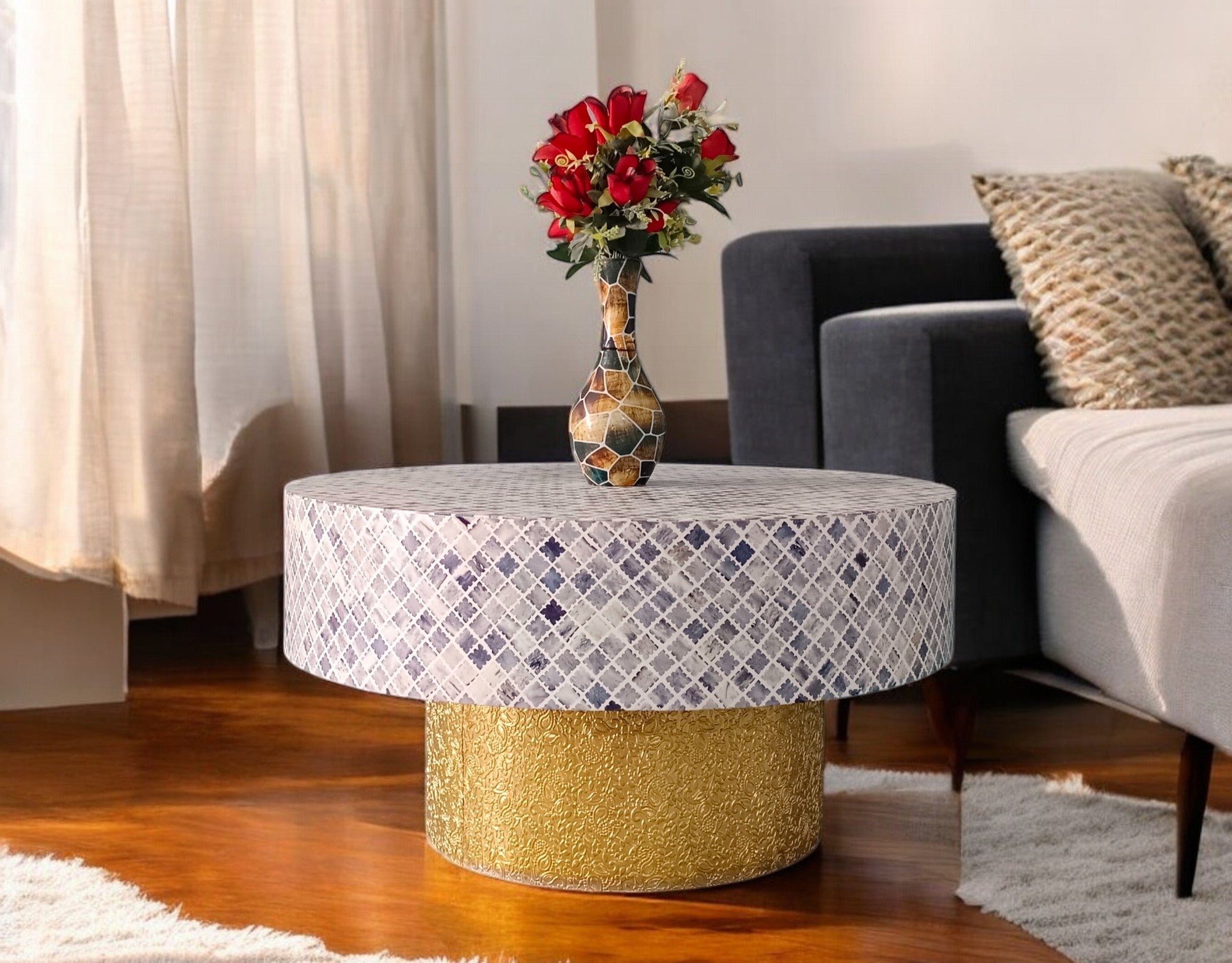 handmade bone inlay coffee table, color bone inlay table, bone inlay furniture,