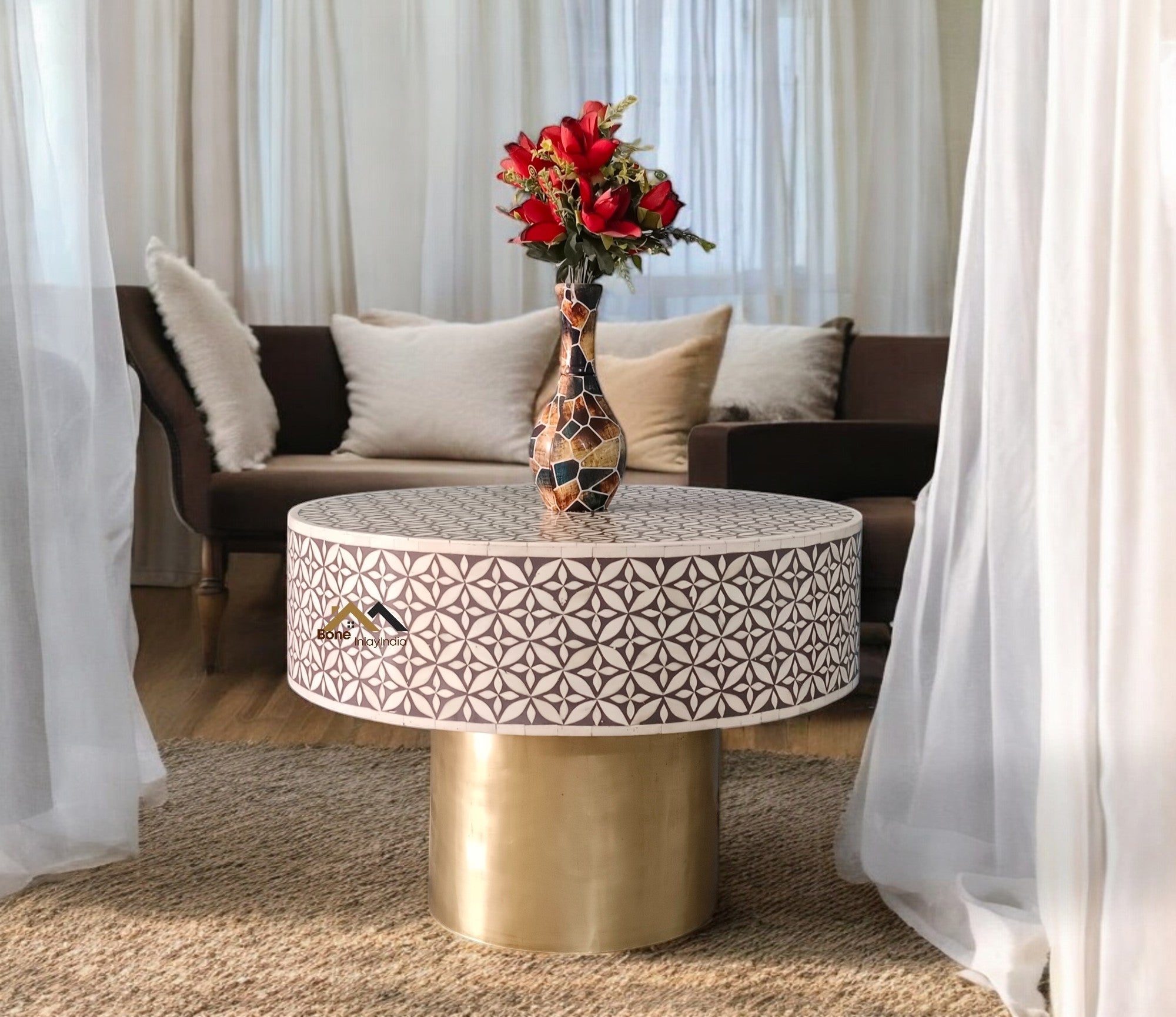 handmade bone inlay coffee table, bone inlay furniture, bone inlay table,