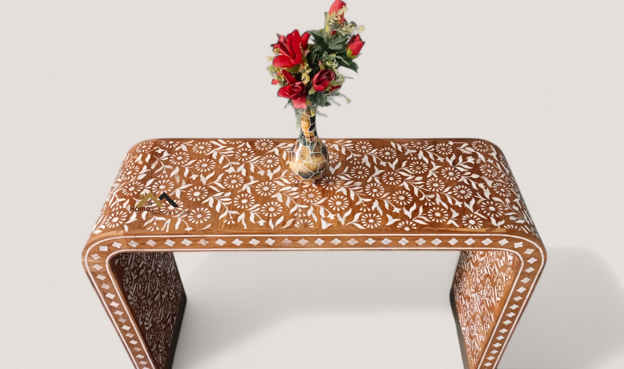 handmade mother of pearl inlay and Teak Wood U console table, mop inlay table,