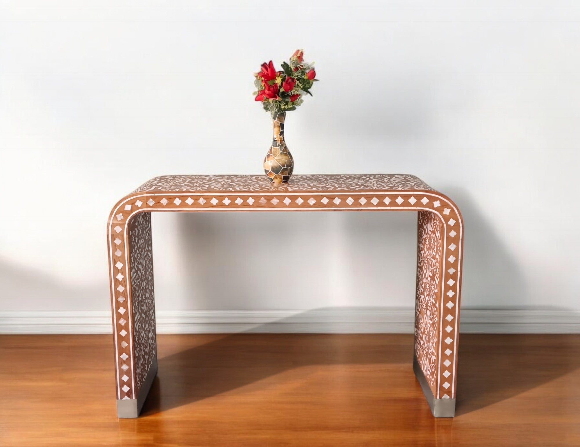 handmade mother of pearl inlay and Teak Wood U console table, mop inlay table,