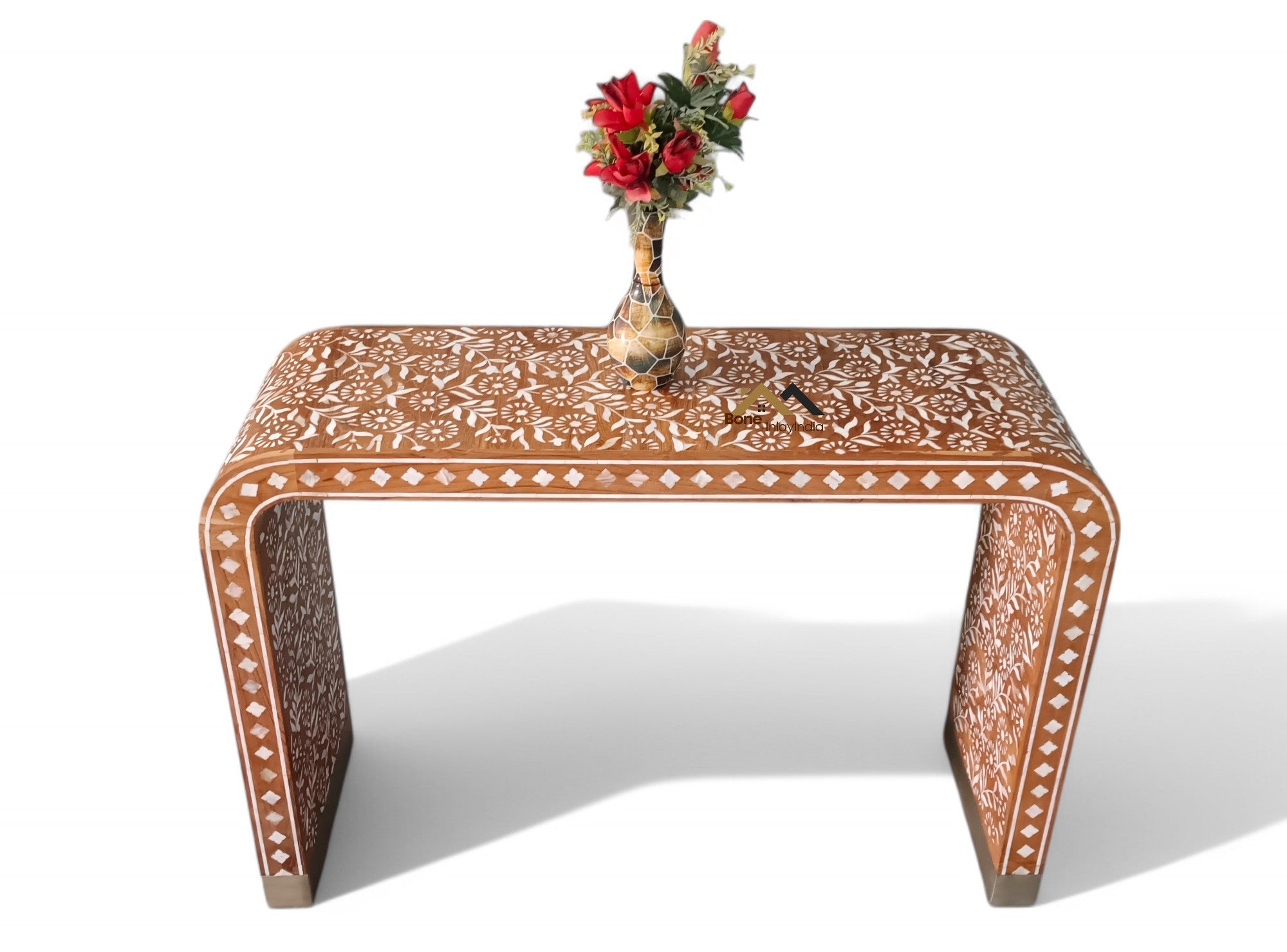 handmade mother of pearl inlay and Teak Wood U console table, mop inlay table,