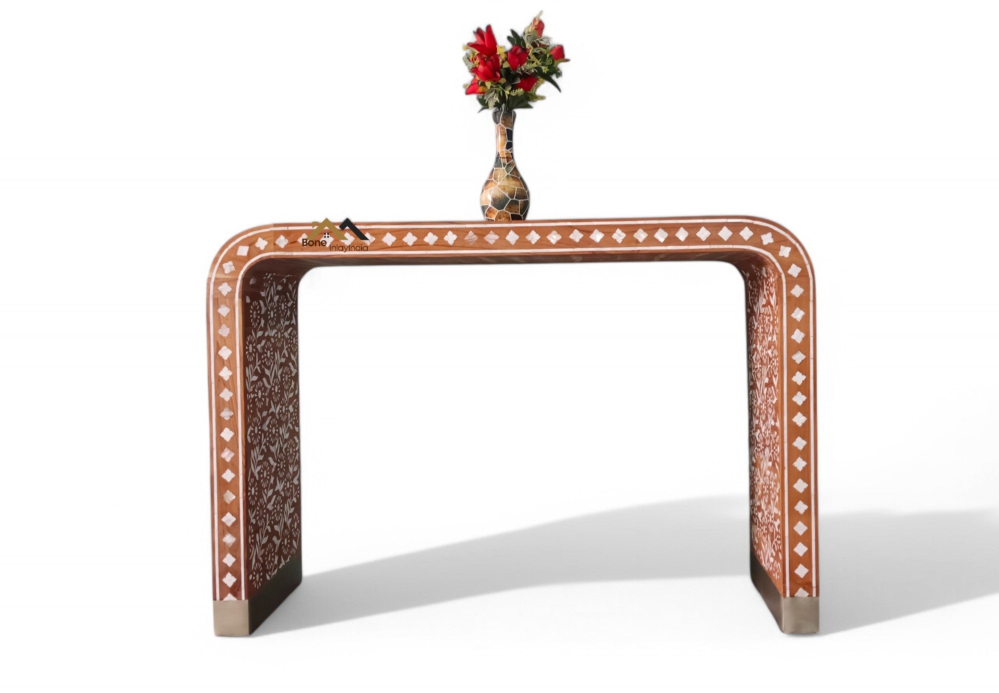 handmade mother of pearl inlay and Teak Wood U console table, mop inlay table,
