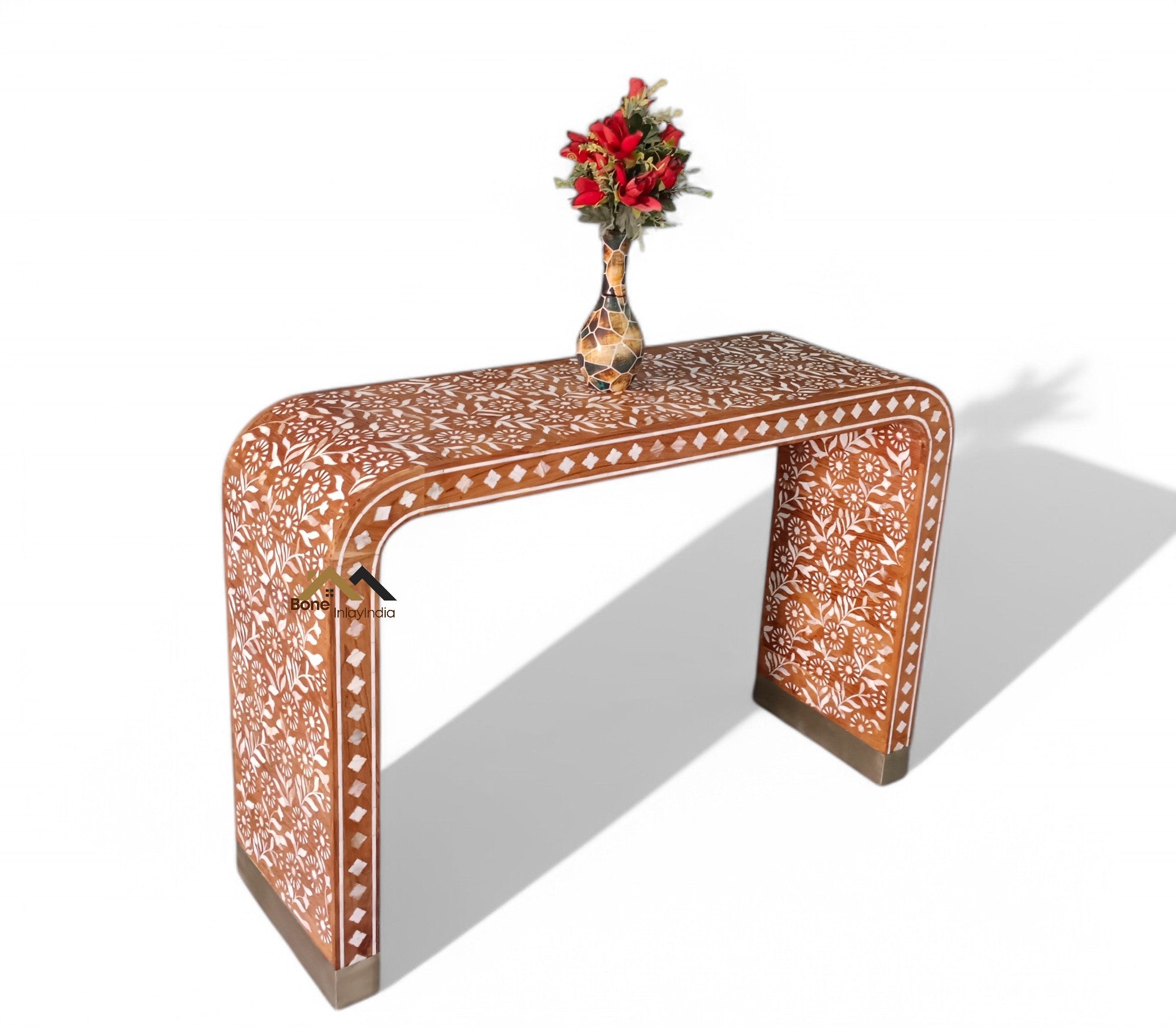 handmade mother of pearl inlay and Teak Wood U console table, mop inlay table,