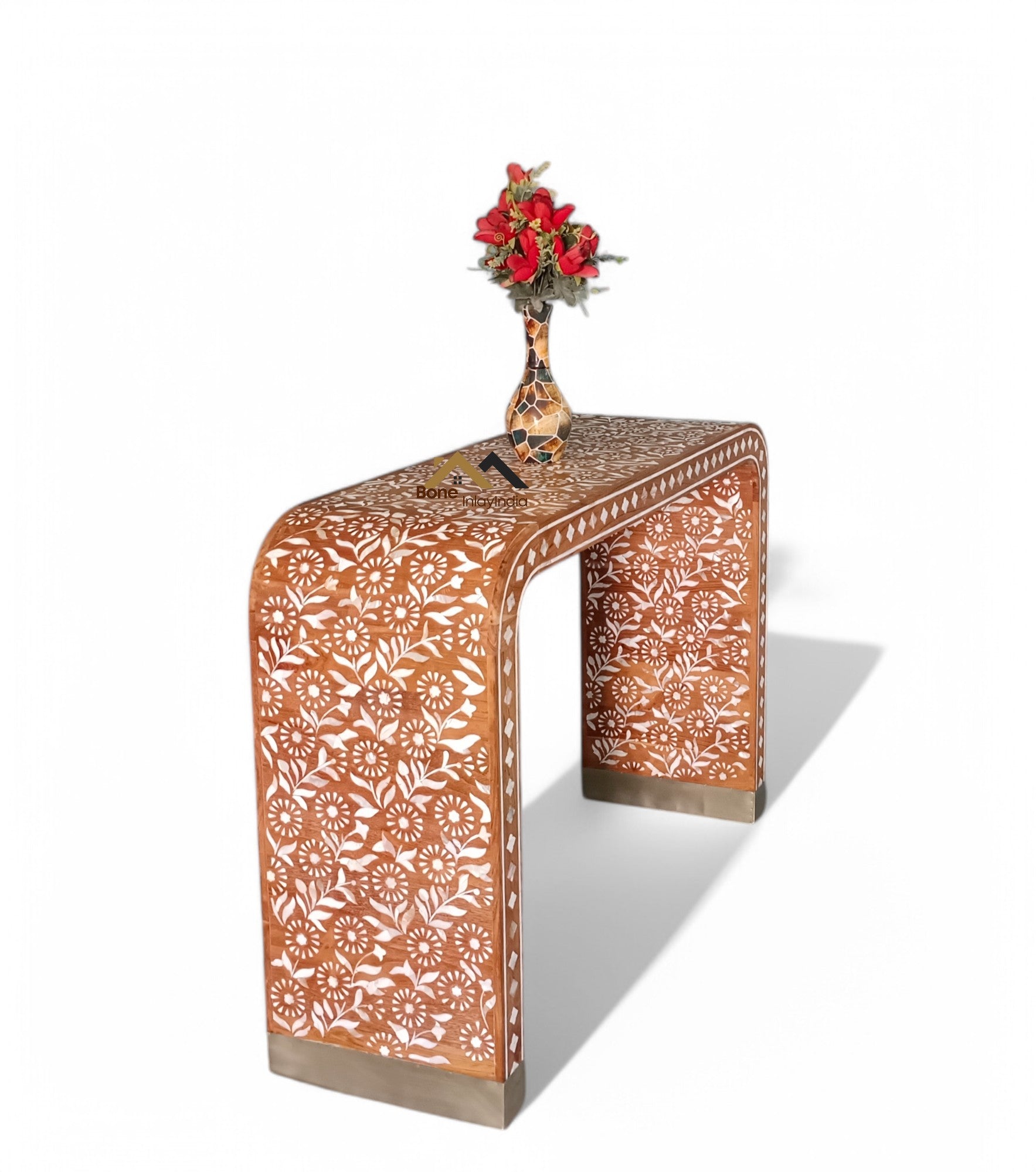 handmade mother of pearl inlay and Teak Wood U console table, mop inlay table,