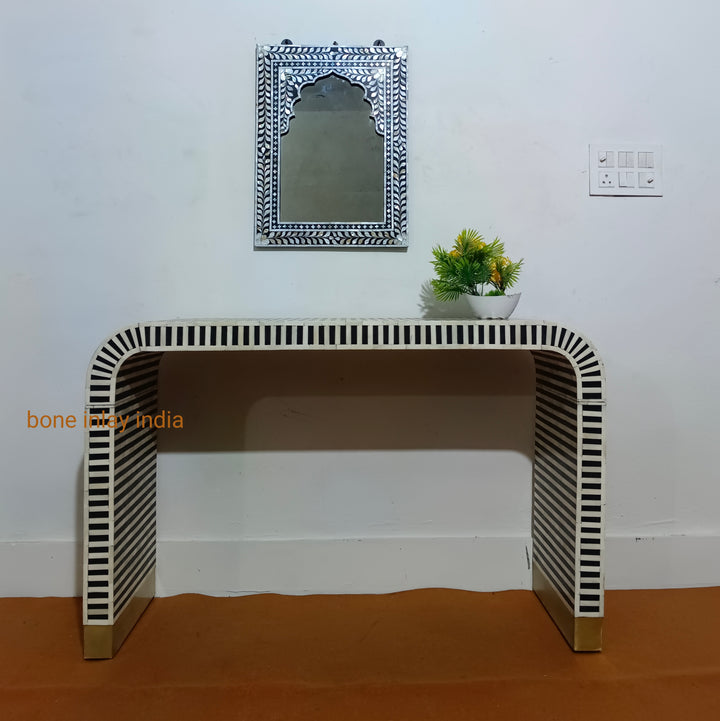 Handcrafted Bone Inlay U-Shape Console Table | Elegant Hallway & Living Room Furniture
