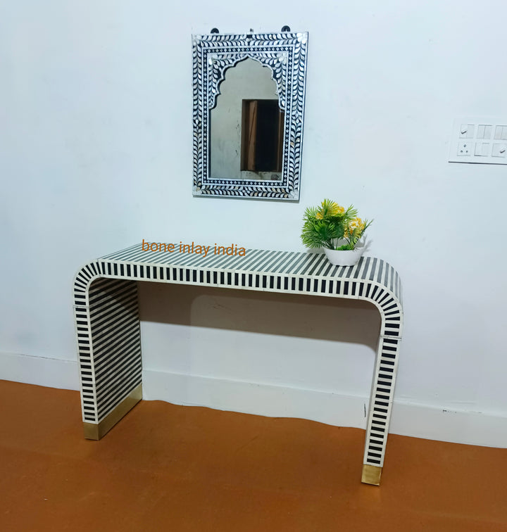 Handcrafted Bone Inlay U-Shape Console Table | Elegant Hallway & Living Room Furniture