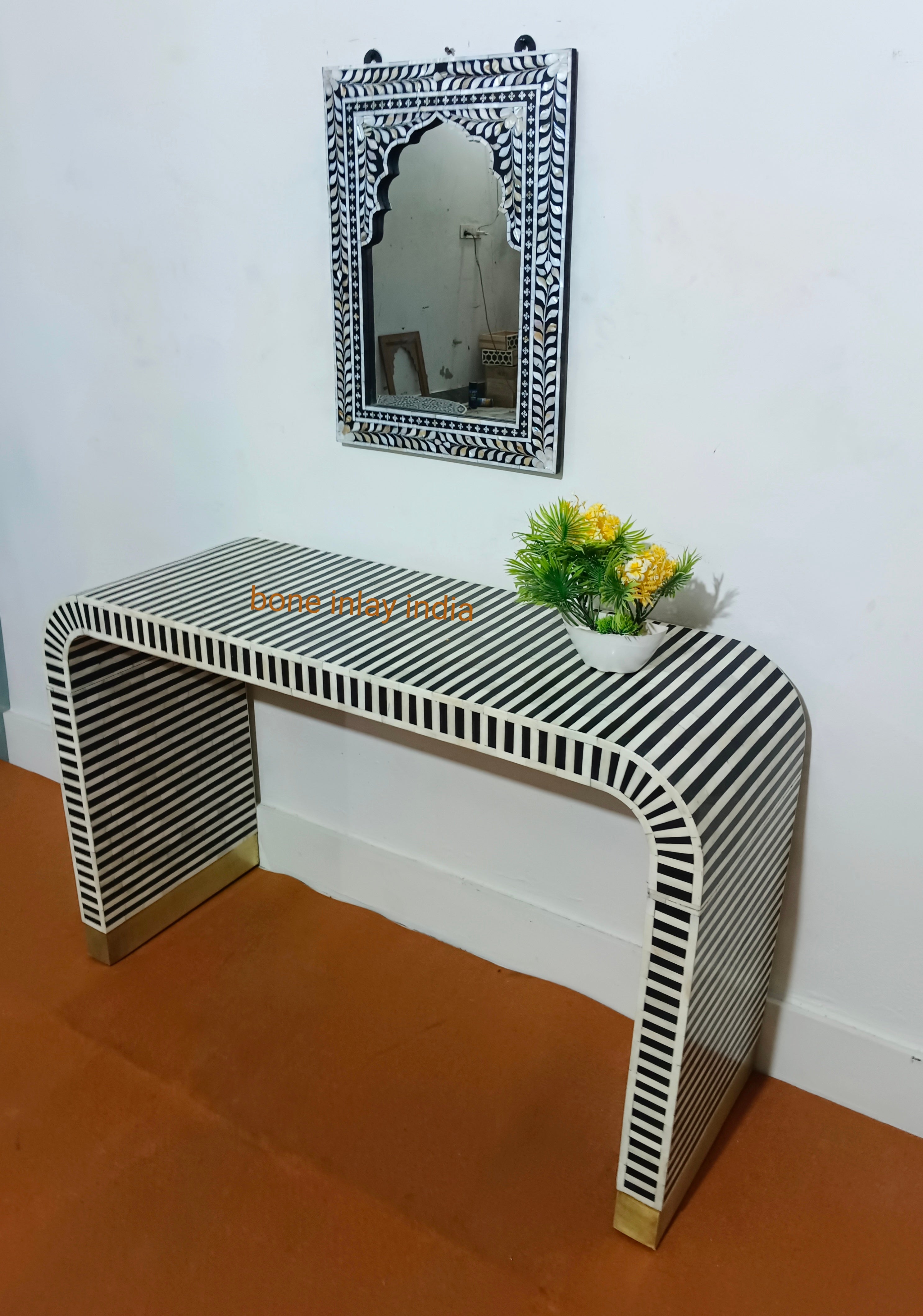 Handcrafted Bone Inlay U-Shape Console Table | Elegant Hallway & Living Room Furniture