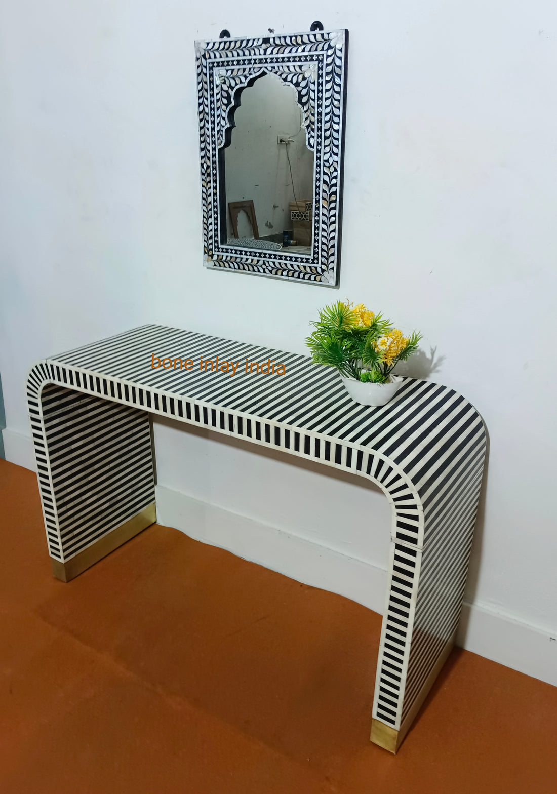 Handcrafted Bone Inlay U-Shape Console Table | Elegant Hallway & Living Room Furniture