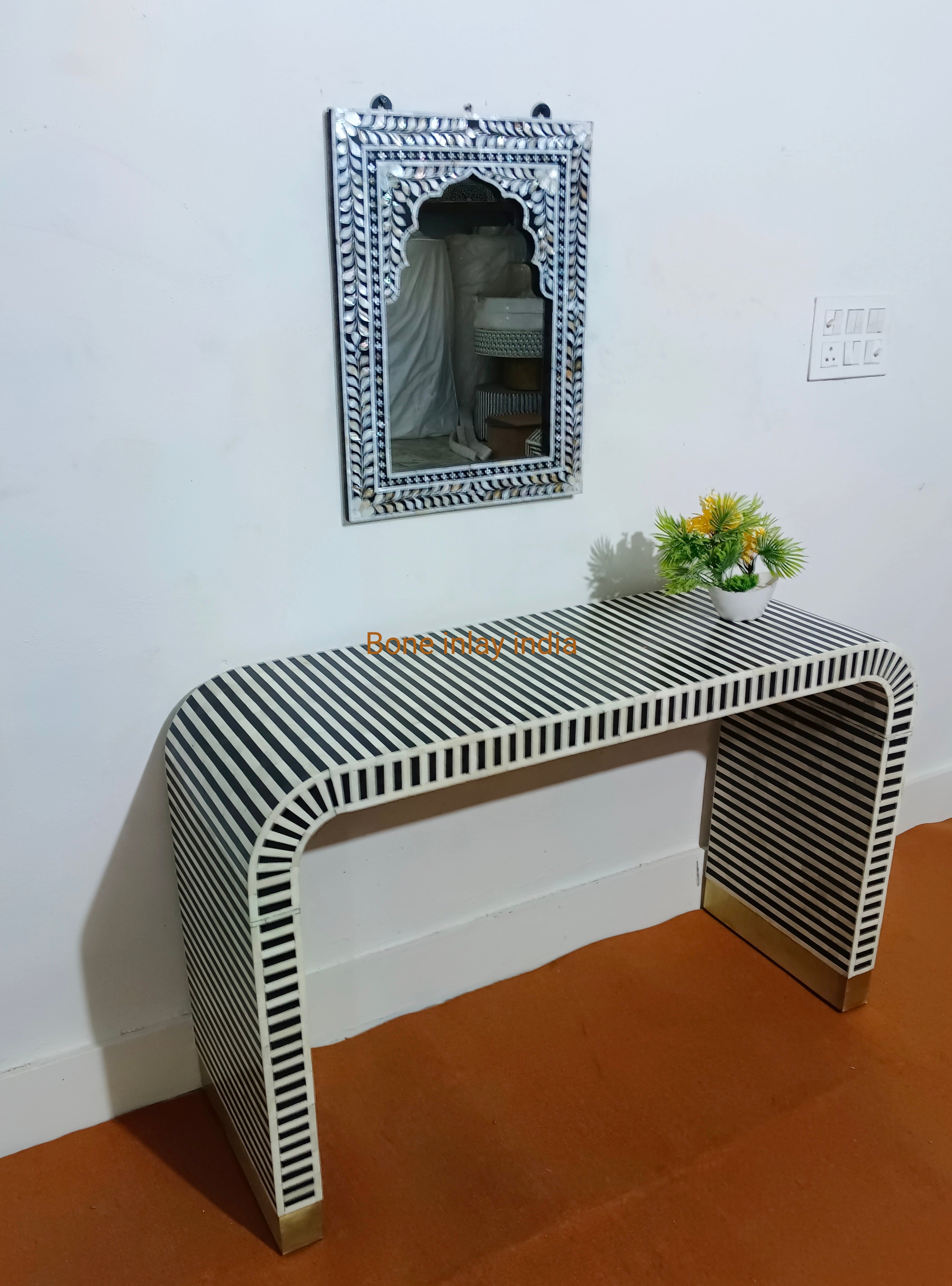 Handcrafted Bone Inlay U-Shape Console Table | Elegant Hallway & Living Room Furniture