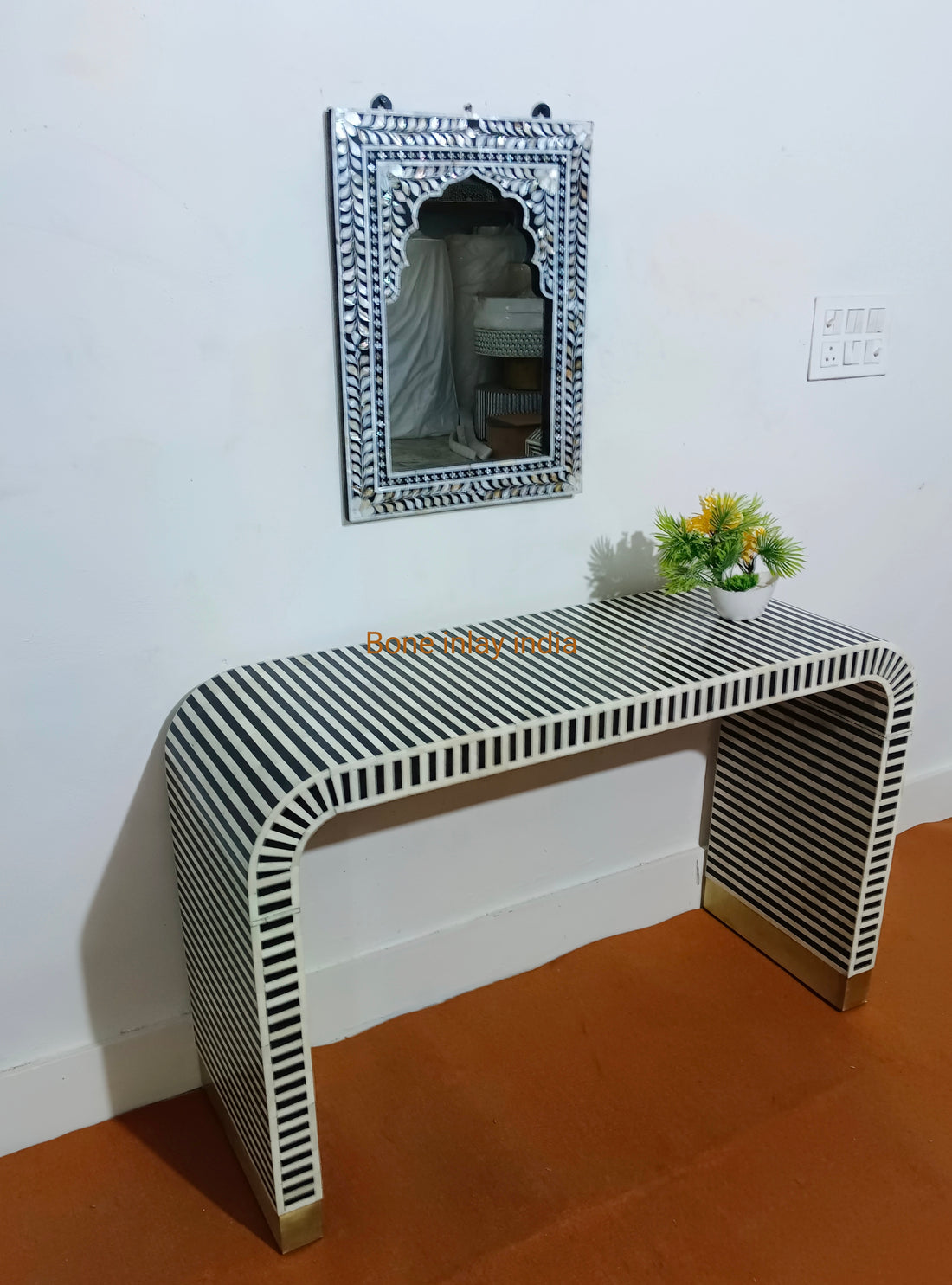 Handcrafted Bone Inlay U-Shape Console Table | Elegant Hallway & Living Room Furniture