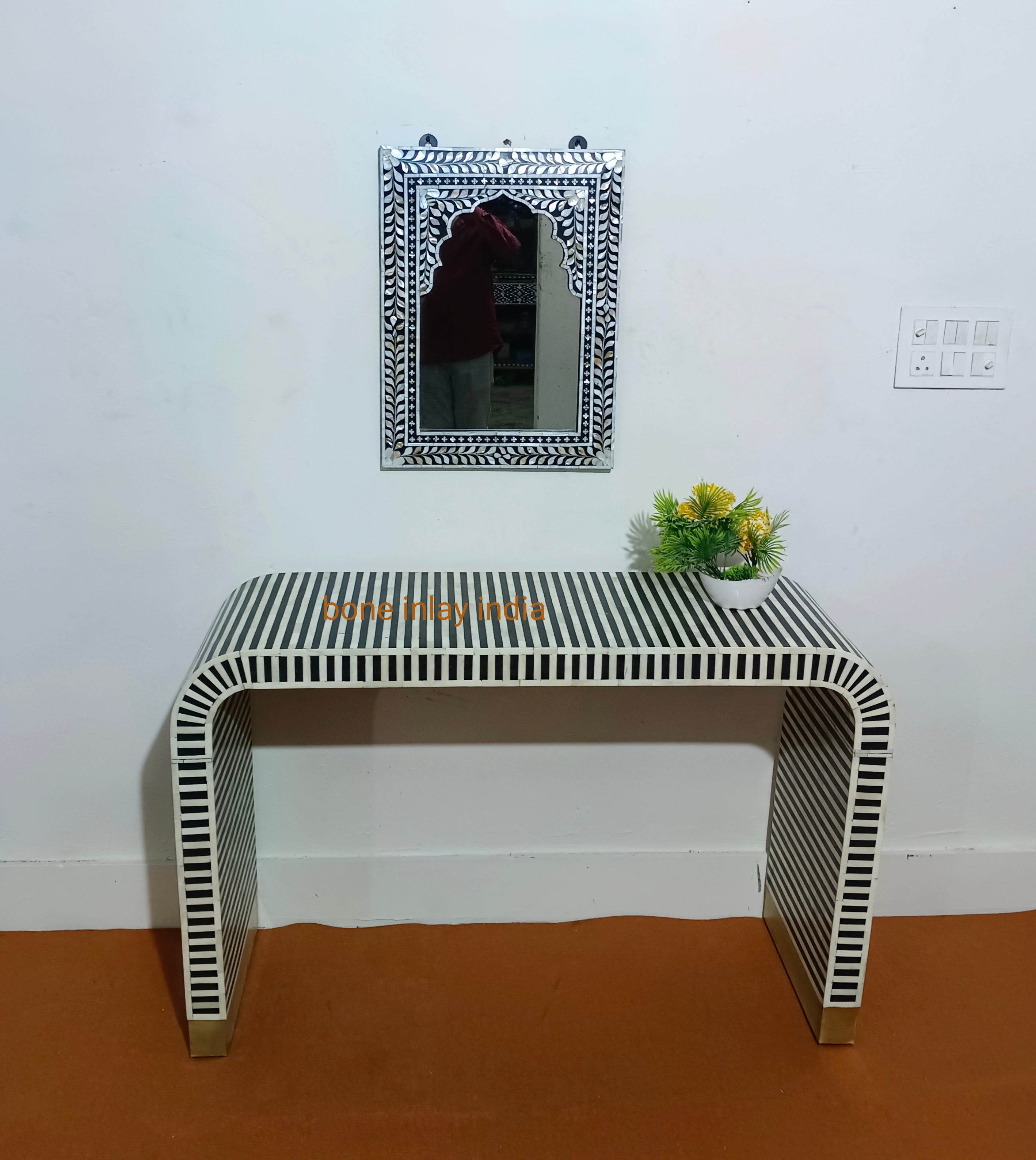 Handcrafted Bone Inlay U-Shape Console Table | Elegant Hallway & Living Room Furniture