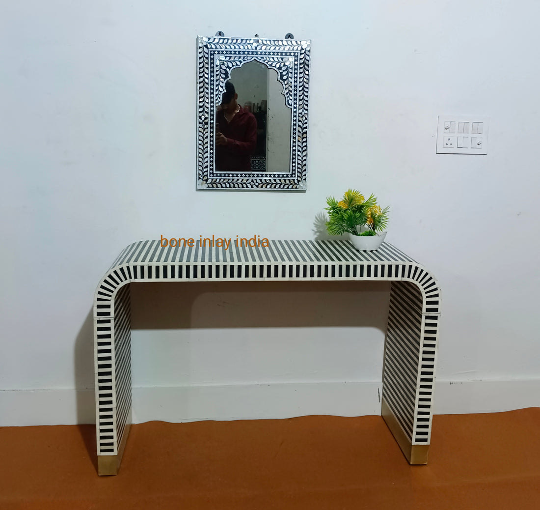 Handcrafted Bone Inlay U-Shape Console Table | Elegant Hallway & Living Room Furniture