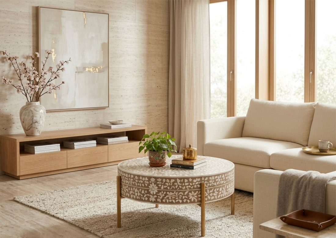 Brown and White Bone Inlay Round Coffee Table with Golden Legs