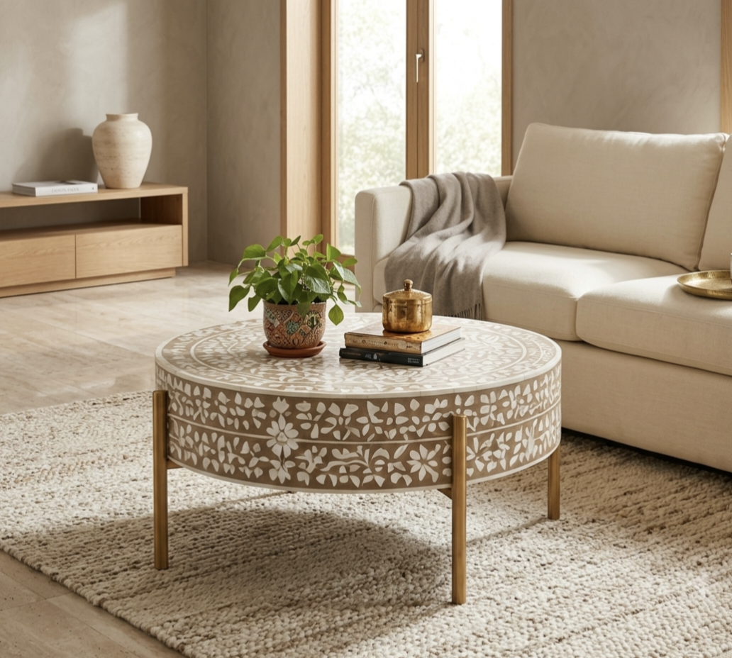 Brown and White Bone Inlay Round Coffee Table with Golden Legs