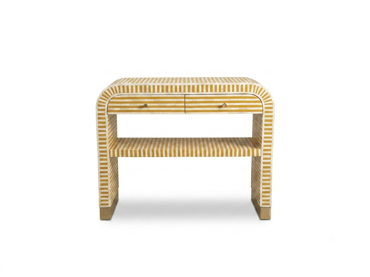 Bone Inlay Yellow 2-Drawer 1-Shelf U-Shaped Console Table with Brass Base